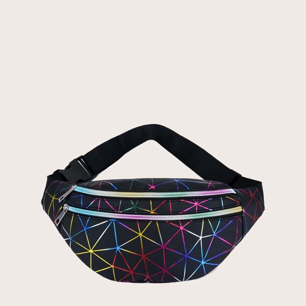 

Men Zip Front Geometric Fanny Pack, Black