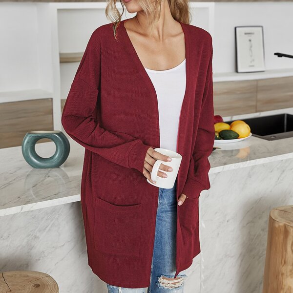 

Open Front Dual Pocket Drop Shoulder Coat, Maroon