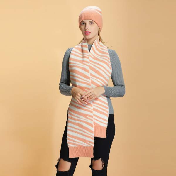 

Striped Knit Beanie & Scarf, Pink
