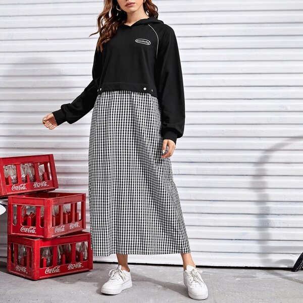 

Contrast Binding Raglan Sleeve Gingham Spliced Hooded Sweatshirt Dress, Black and white