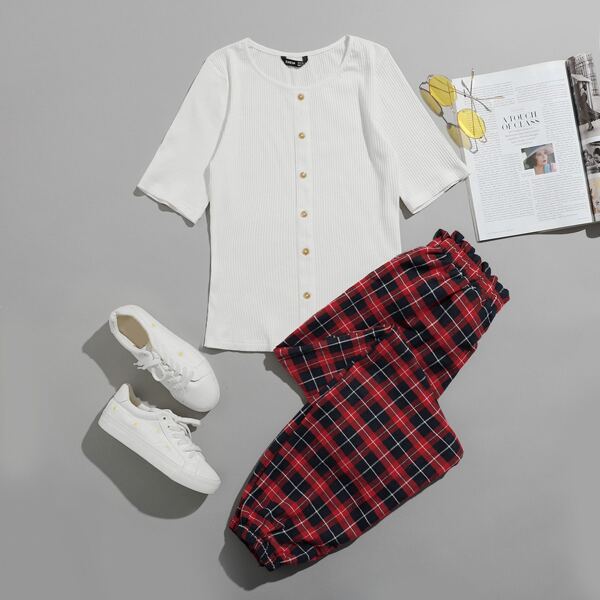 

Buttoned Front Rib-knit Tee & Tartan Pants Set, Multicolor
