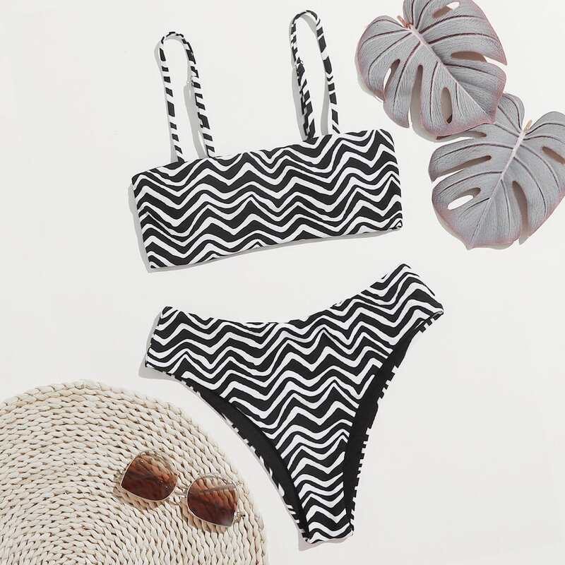 

Wave Stripe Cami Bikini Swimsuit, Black and white