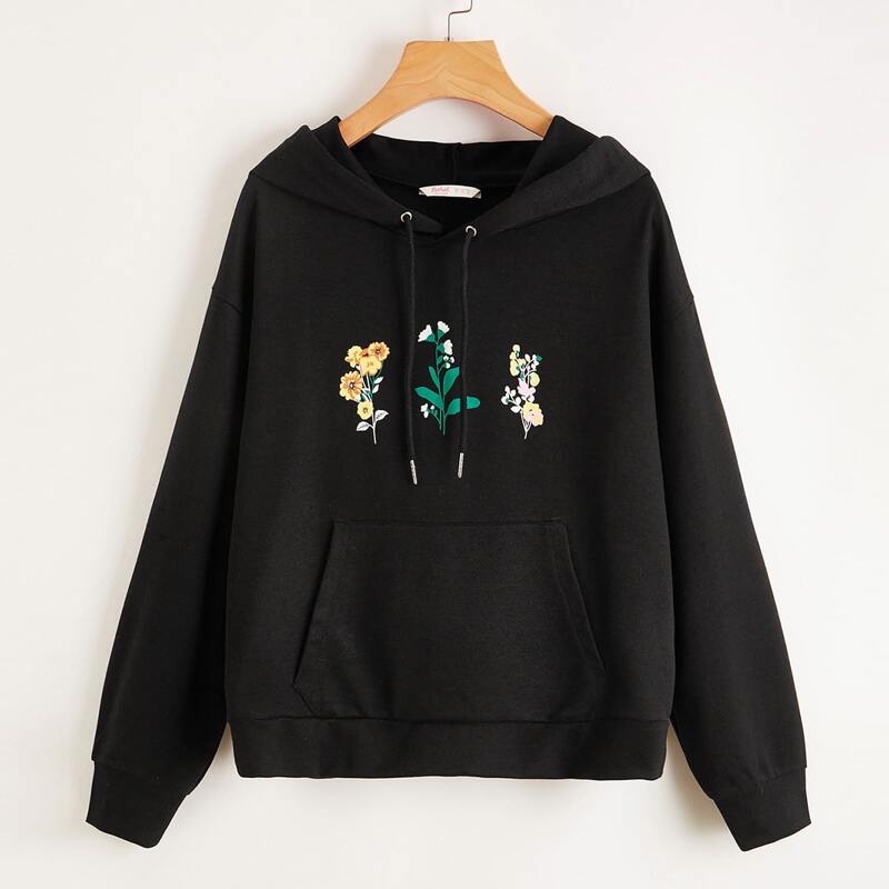 

Flower Graphic Drawstring Hoodie, Black