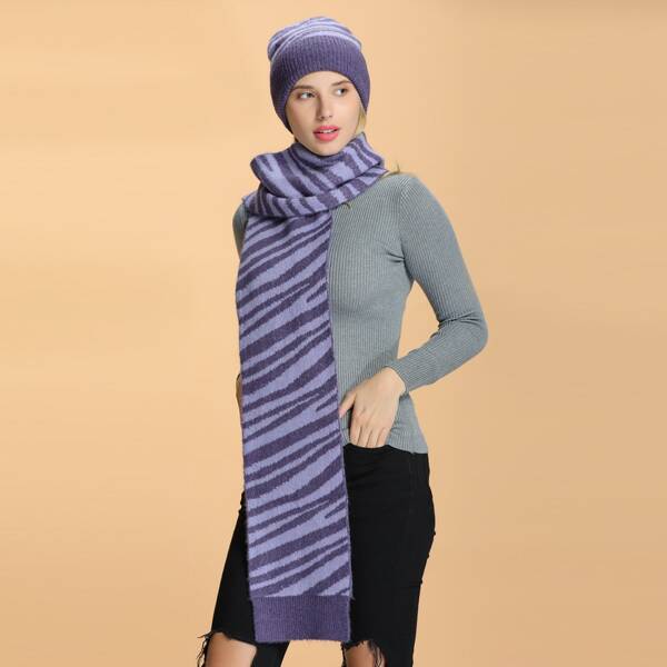 

Striped Knit Beanie & Scarf, Purple
