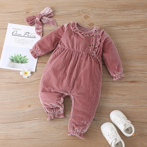 

Baby Girl Ruffle Trim Velvet Jumpsuit & Headband, Dusty pink
