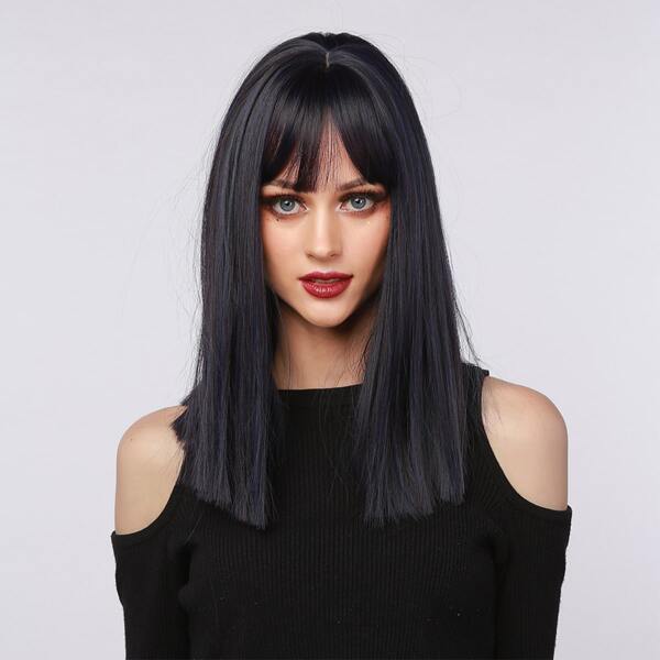 

Natural Straight Wig With Bangs, Navy blue