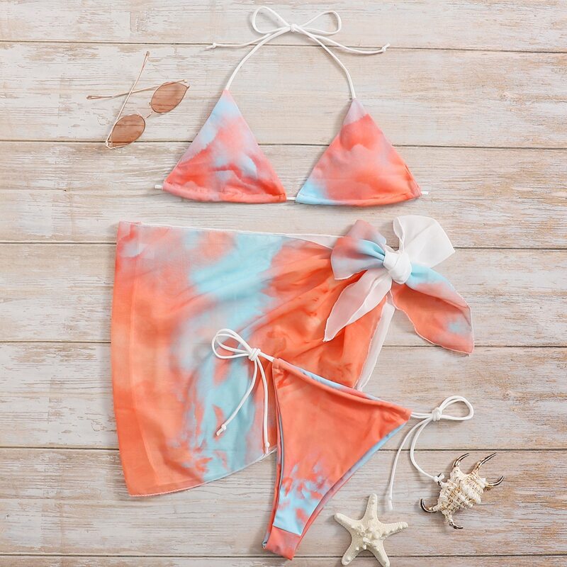 

Tie Dye Triangle Thong Bikini Swimsuit & Beach Skirt, Multicolor