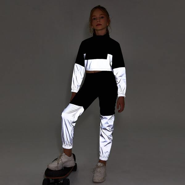 

Girls Zipper Front Reflective Wind Jacket & Joggers Set, Multicolor