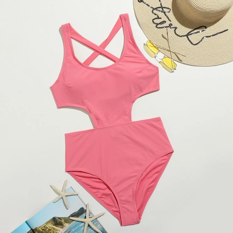 

Crisscross Back One Piece Swimsuit, Watermelon pink