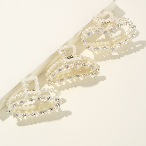 

3pcs Faux Pearl Decor Hair Claw, White