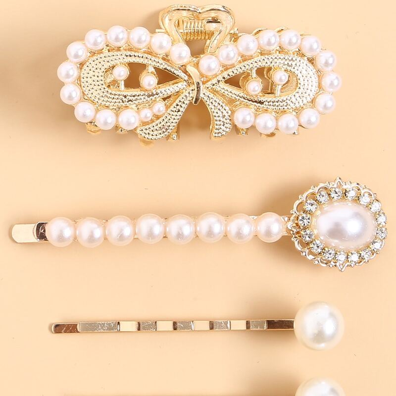 

4pcs Faux Pearl Decor Hair Clip & Hair Claw, Gold