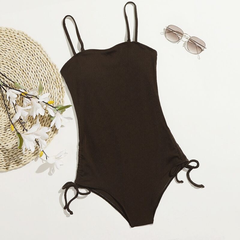 

Drawstring Side Cami One Piece Swimsuit, Chocolate brown