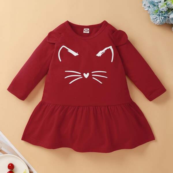 

Baby Girl Cartoon Graphic 3D Ear Patched Ruffle Hem Dress, Burgundy