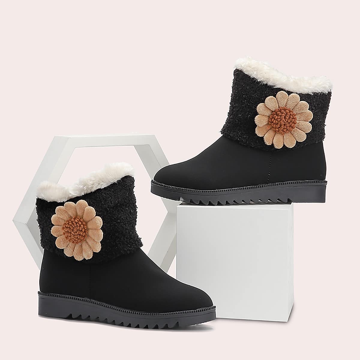 

Floral Decor Plush Inside Boots, Black