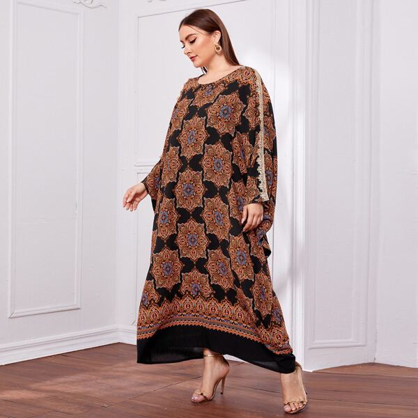 

Plus Mandala Print Lace Trim Dress, Multicolor