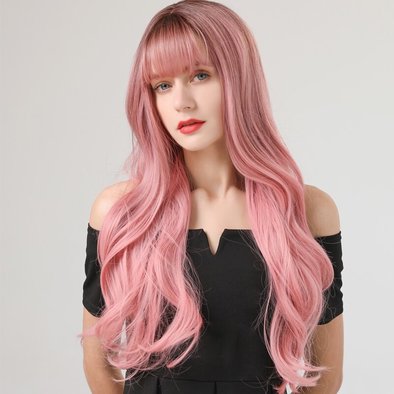 

Natural Long Curly Wig With Bangs, Pink