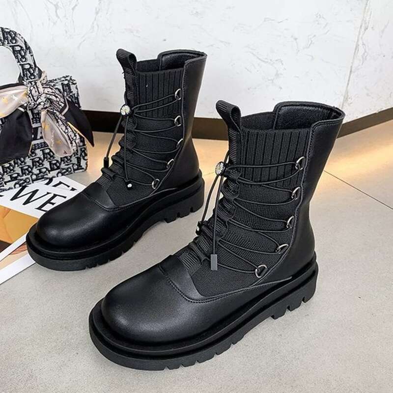 

Drawstring Lug Sole Sock Boots, Black