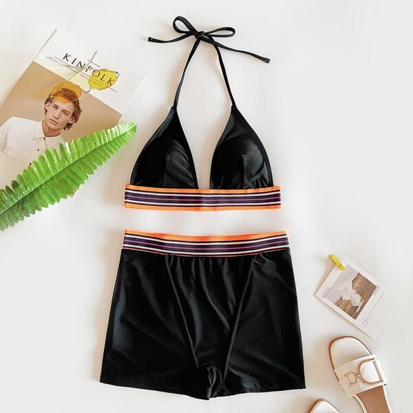 

Striped Tape Triangle Shorts Bikini Swimsuit, Black