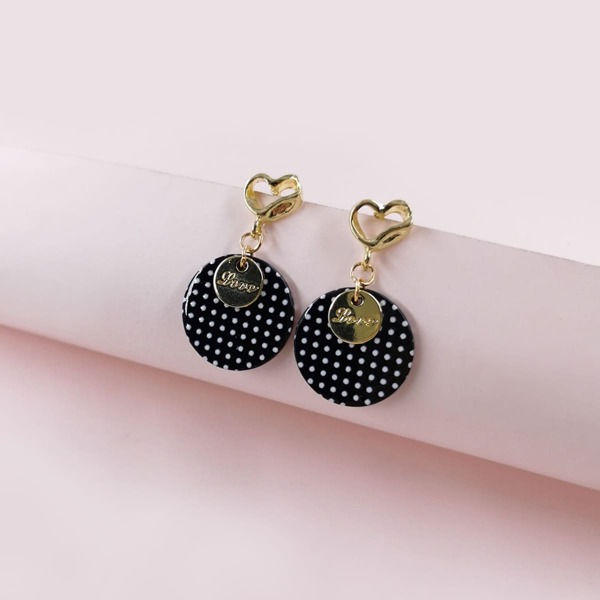 

Polka Dot Round Charm Drop Earrings, Black and white