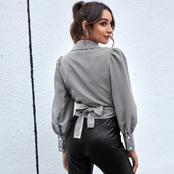 

Plaid Print Puff Sleeve Tie Back Blouse, Grey