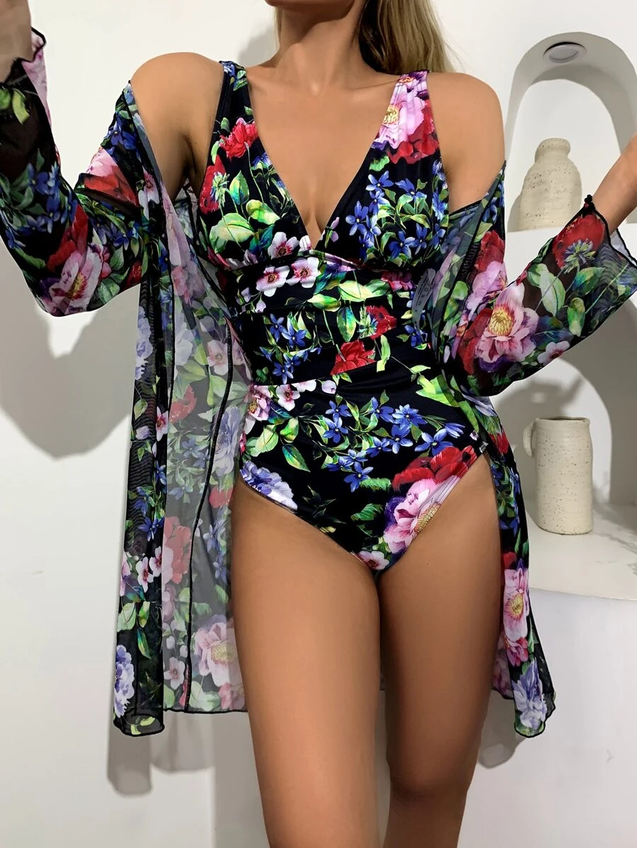 Leaf & Floral One Piece Swimsuit With Mesh Kimono, For Summer Beach Vacation - Multicolor - View 1