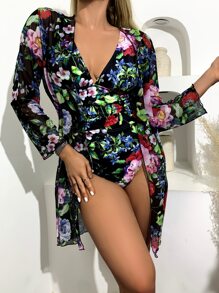Leaf & Floral One Piece Swimsuit With Mesh Kimono, For Summer Beach Vacation - Multicolor - View 3