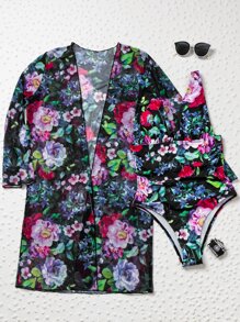 Leaf & Floral One Piece Swimsuit With Mesh Kimono, For Summer Beach Vacation - Multicolor - View 4