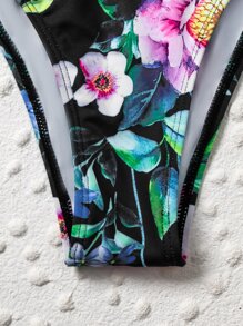 Leaf & Floral One Piece Swimsuit With Mesh Kimono, For Summer Beach Vacation - Multicolor - View 5