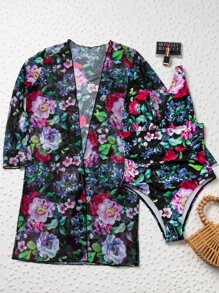 Leaf & Floral One Piece Swimsuit With Mesh Kimono, For Summer Beach Vacation - Multicolor - View 6