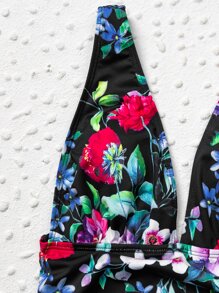 Leaf & Floral One Piece Swimsuit With Mesh Kimono, For Summer Beach Vacation - Multicolor - View 7