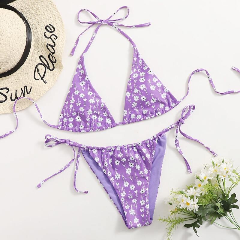 

Ditsy Floral Triangle Tie Side Bikini Swimsuit, Lilac purple