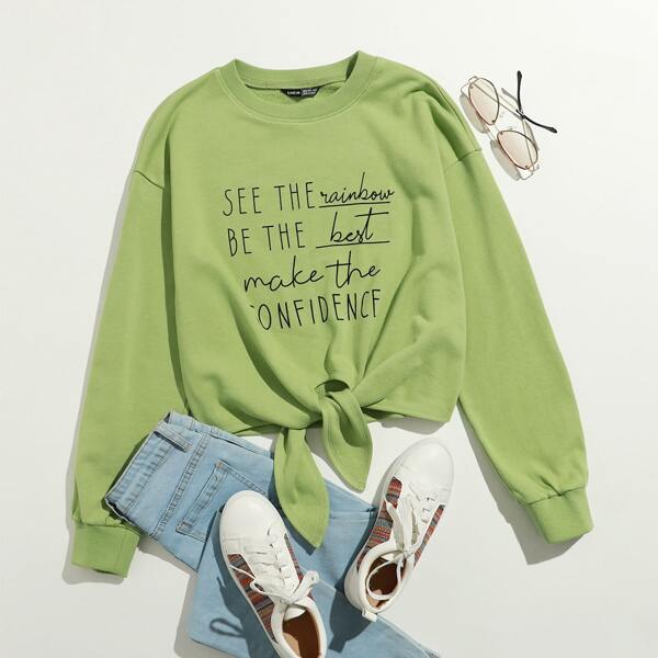 

Tie Hem Slogan Graphic Pullover, Lime green