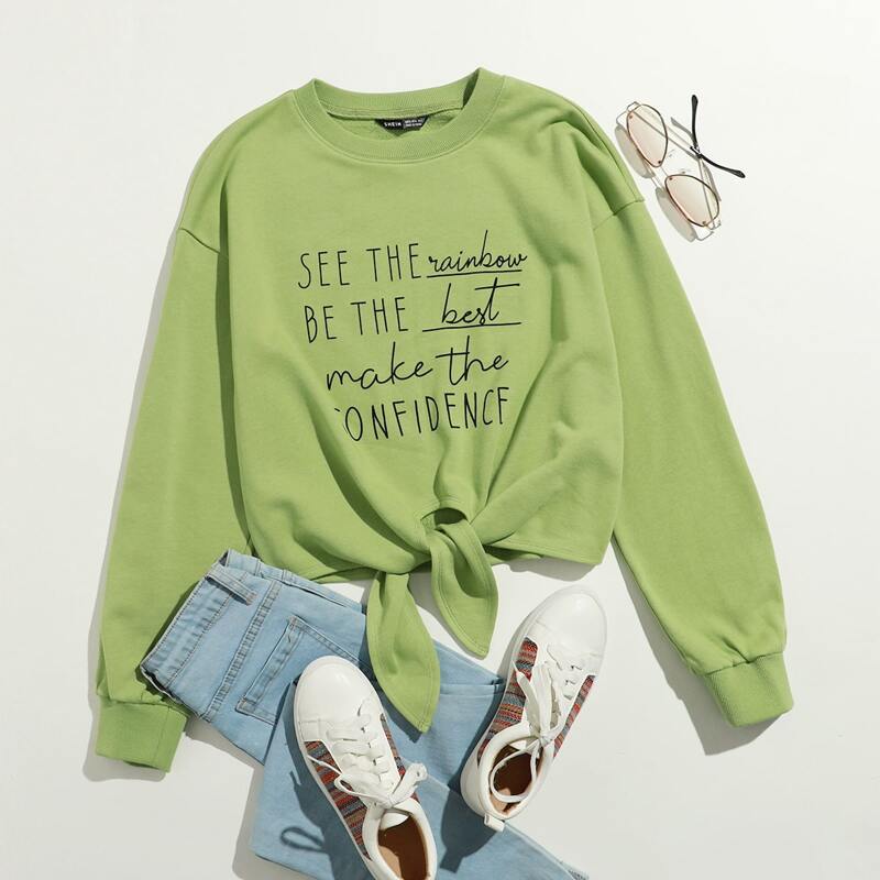 

Tie Hem Slogan Graphic Pullover, Lime green
