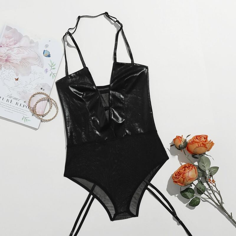 

Mesh Faux Leather Plunging Teddy Bodysuit, Black