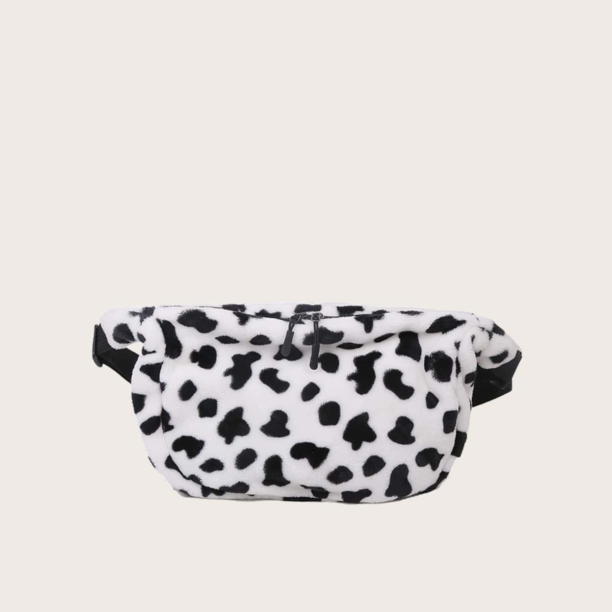 

Cow Print Fluffy Fanny Pack, Black and white