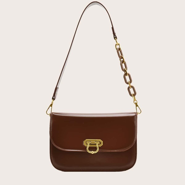 

Metal Lock Flap Shoulder Bag, Brown