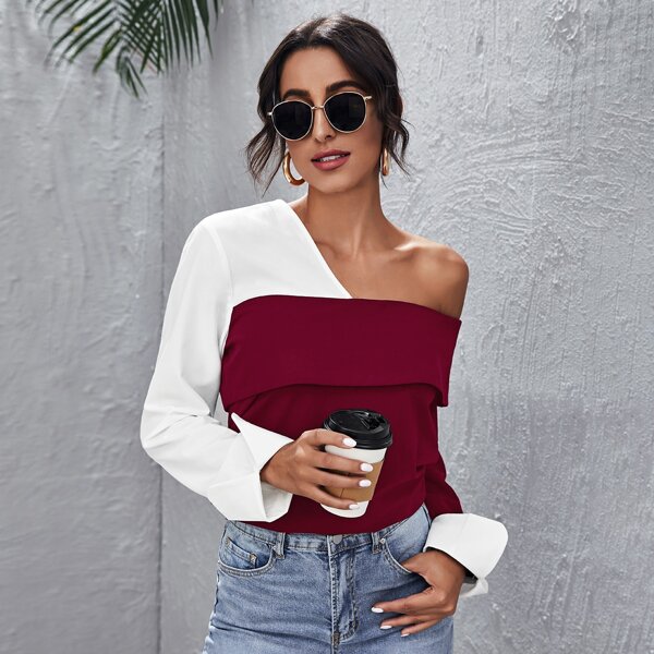 

Color Block Asymmetrical Neck Top, Red and white
