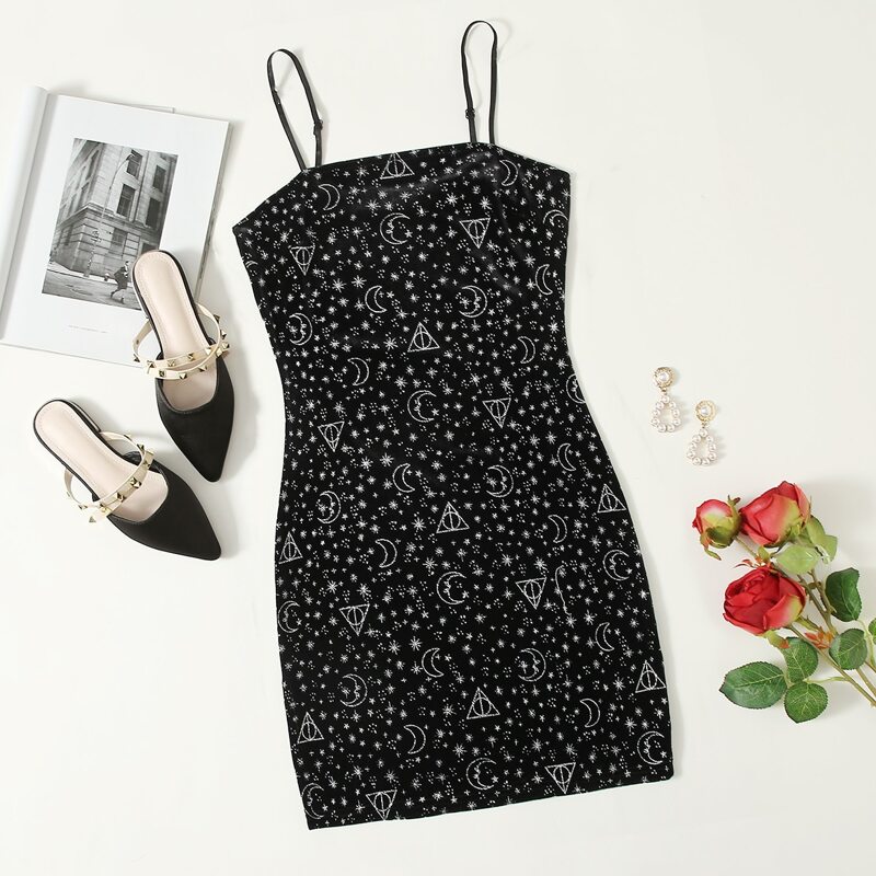

Velvet Galaxy Print Cami Dress, Black