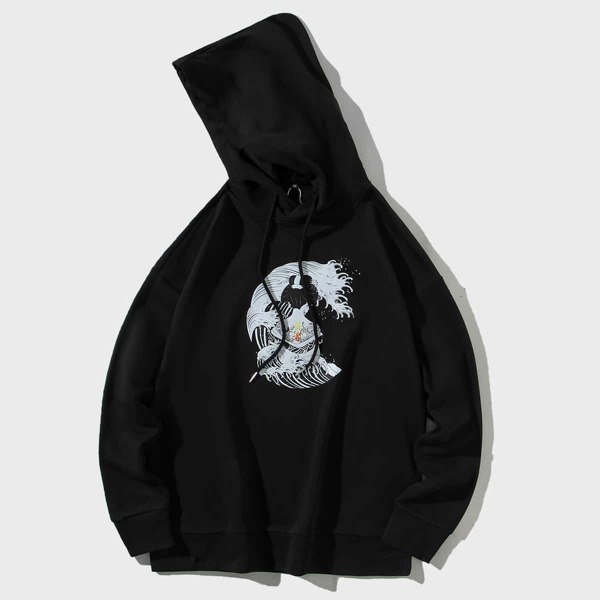 

Men Figure And Graphic Print Drawstring Hoodie, Black
