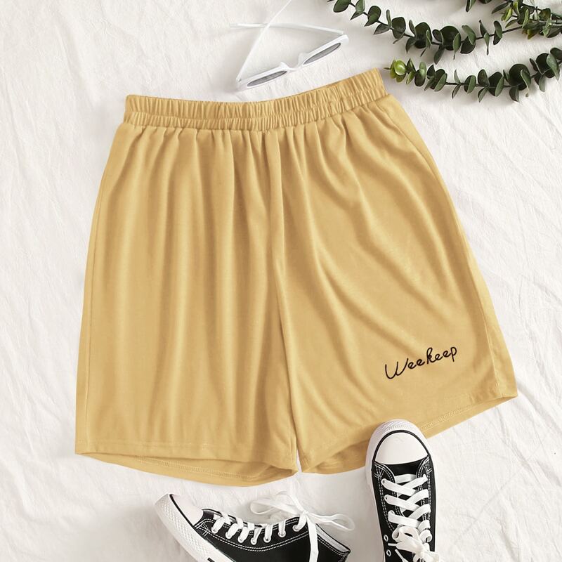 

Letter Graphic Elastic Waist Shorts, Khaki