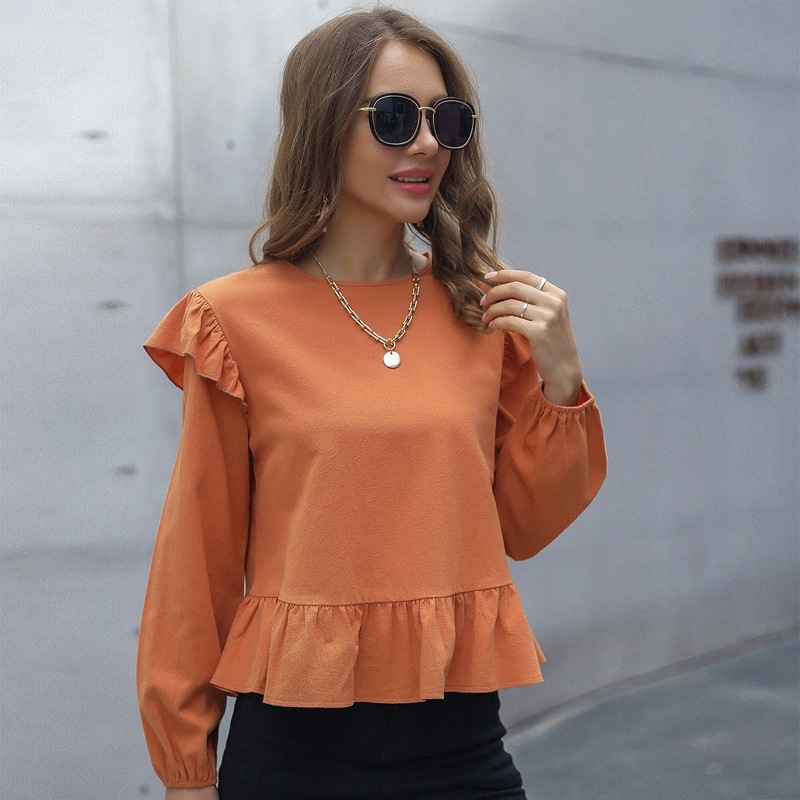 

Ruffle Trim Keyhole Back Peplum Top, Orange pastel