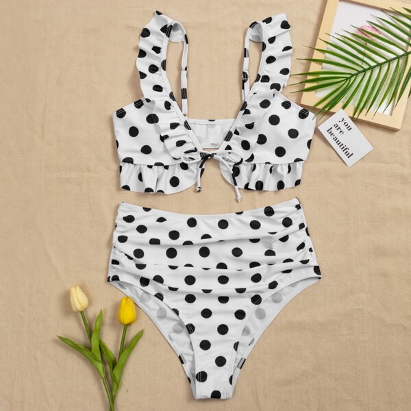 

Polka Dot Ruffle High Waisted Bikini Swimsuit, Black and white