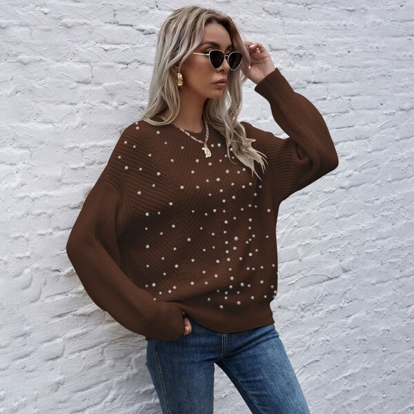 

Pearls Beaded Drop Shoulder Sweater, Chocolate brown