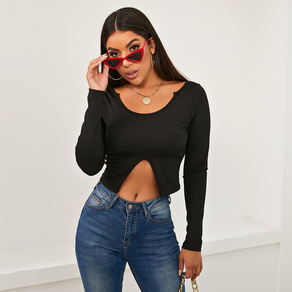 

Notch Neck Asymmetrical Hem Rib-knit Crop Tee, Black