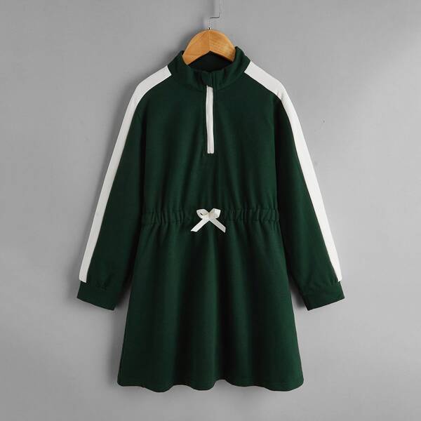 

Girls Side Seam Half Zip Bow Detail Sweatshirt Dress, Dark green