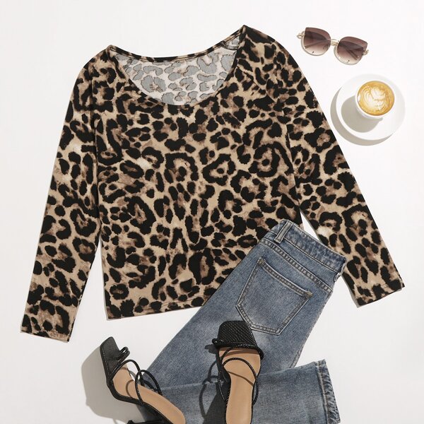 

Plus Leopard Print Raglan sleeve Tee, Multicolor