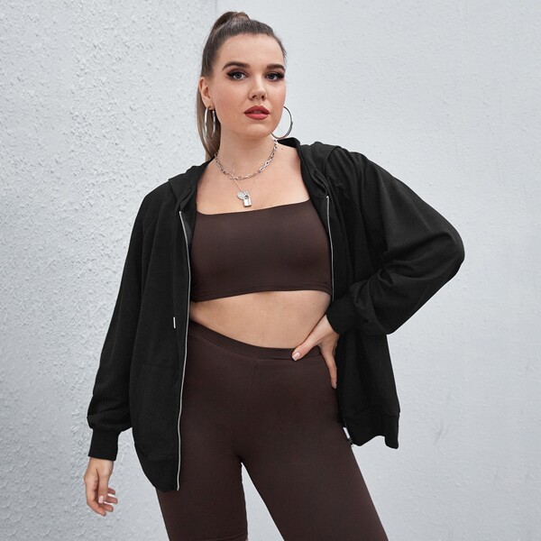 

Plus Zip Up Drawstring Hoodie, Black