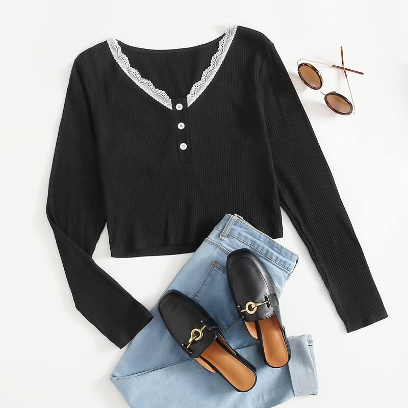 

Lace Trim Button Ribbed Crop Tee, Black
