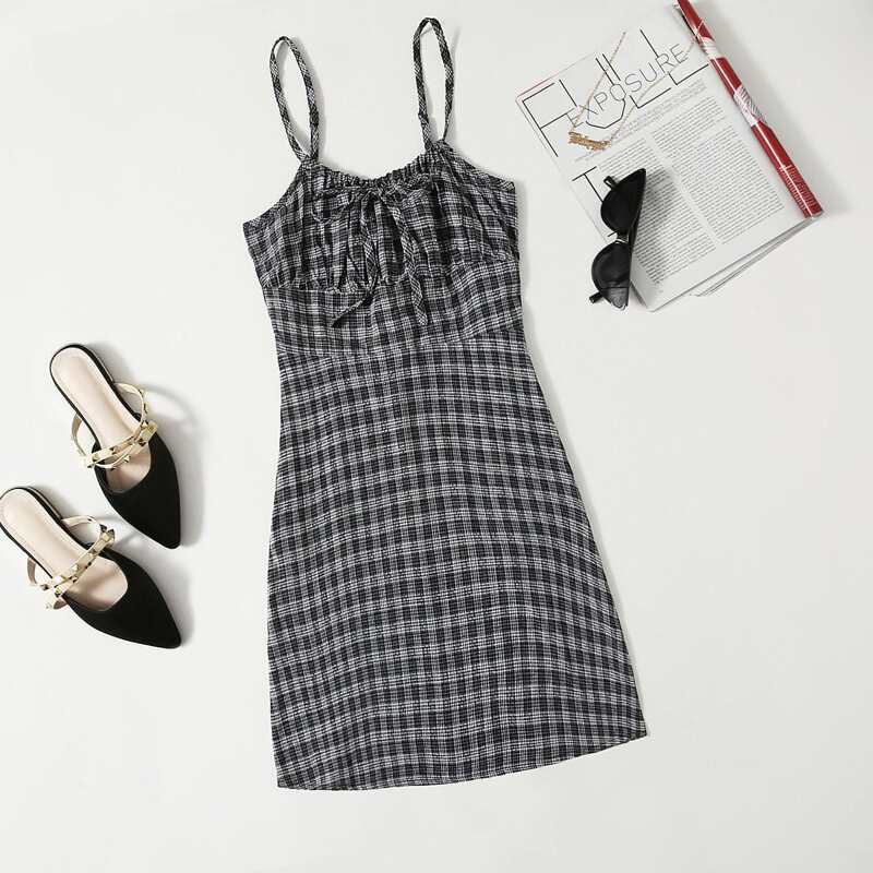 

Plaid Ruched Bust Cami Dress, Black