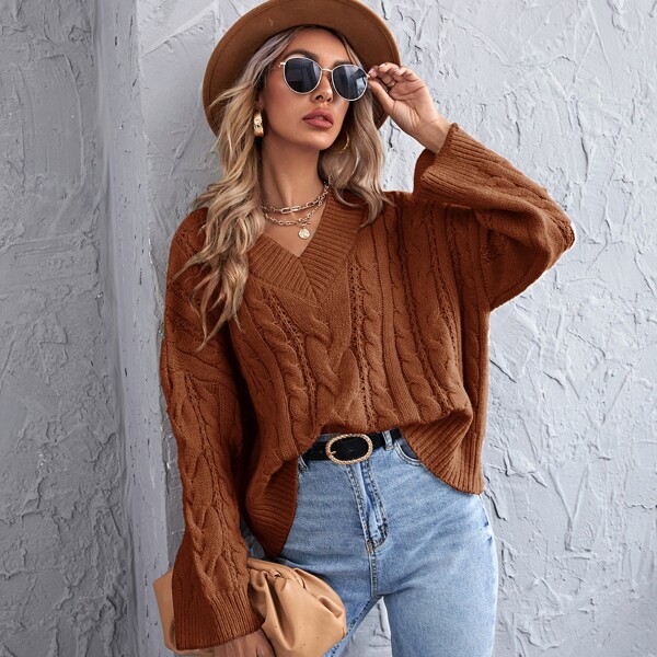 

Cable Knit V-neck Oversized Sweater, Coffee brown